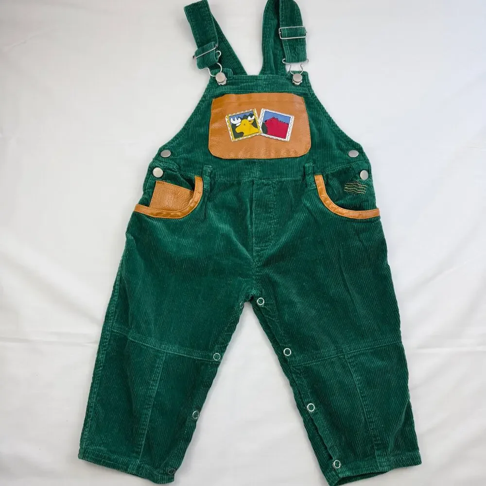 Vintage 90s Green Corduroy Overalls 18M Farm Animal Cottagecore Snap Romper
